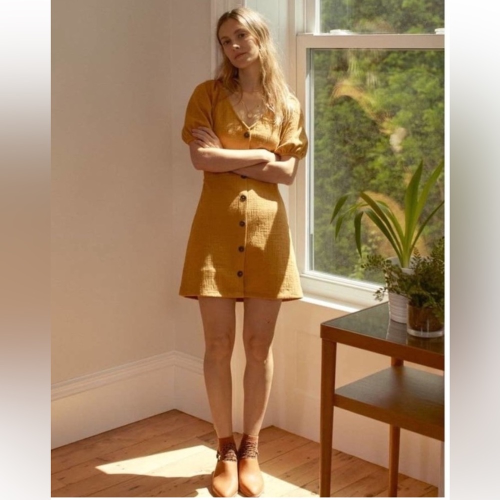 Madewell Texture & Thread Mustard Puff Sleeve Dress